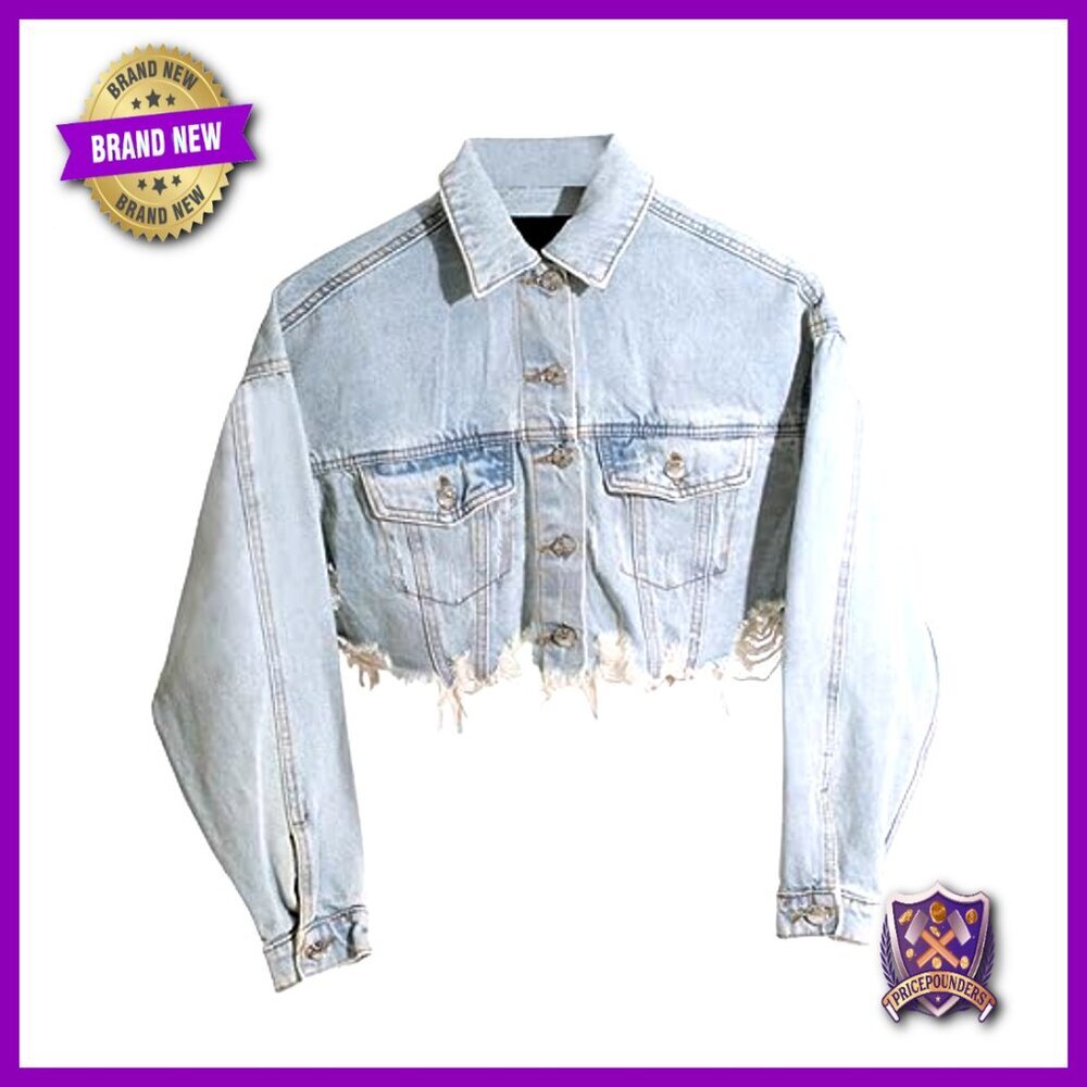Cropped Denim Jacket Distressed Ripped Vintage Chic Casual Button Up Long Sleeve - Picture 3 of 6